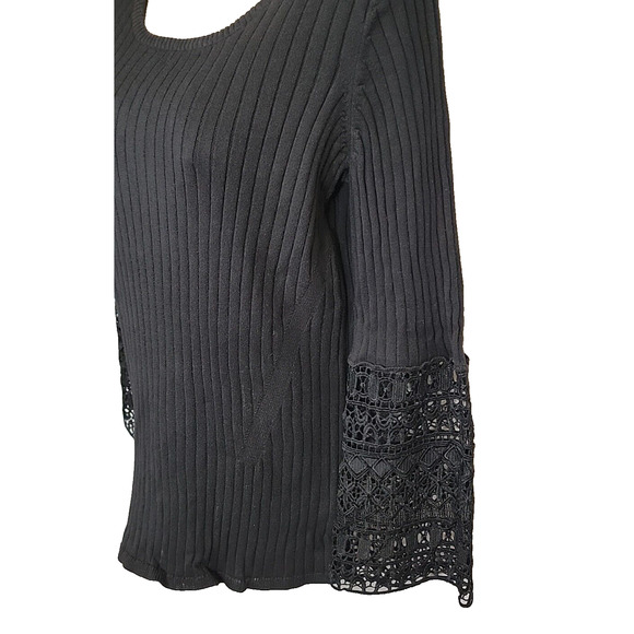 TRIBAL JEANS Black Crochet Embellished Sleeves Pullover Sweater Size G/L - Picture 7 of 11